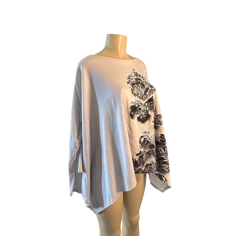 Women 2 M NY77 NY 77 Gray Print Blouse Shirt Top Tee Long Sleeve Japanese Fabric